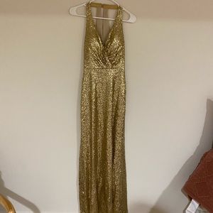 Christina Wu Gold Sequin Halter Bridesmaid Dress